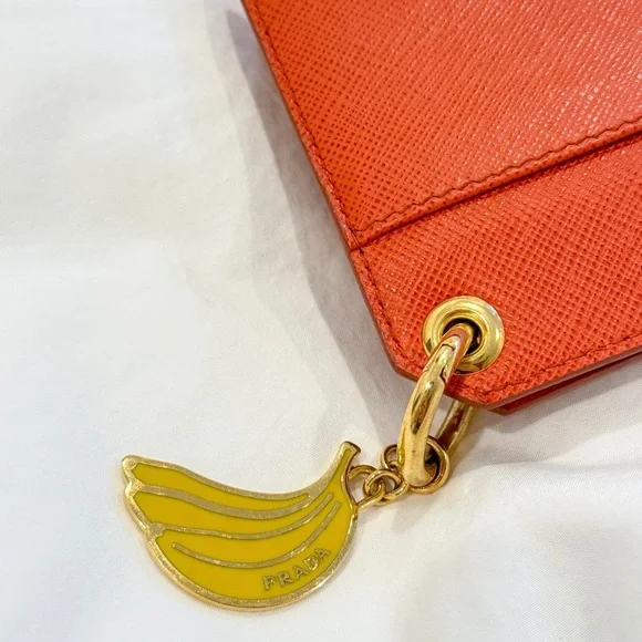 Prada Orange Saffiano Leather Banana Charm Keychain Wallet Card Case - Picture 5 of 9